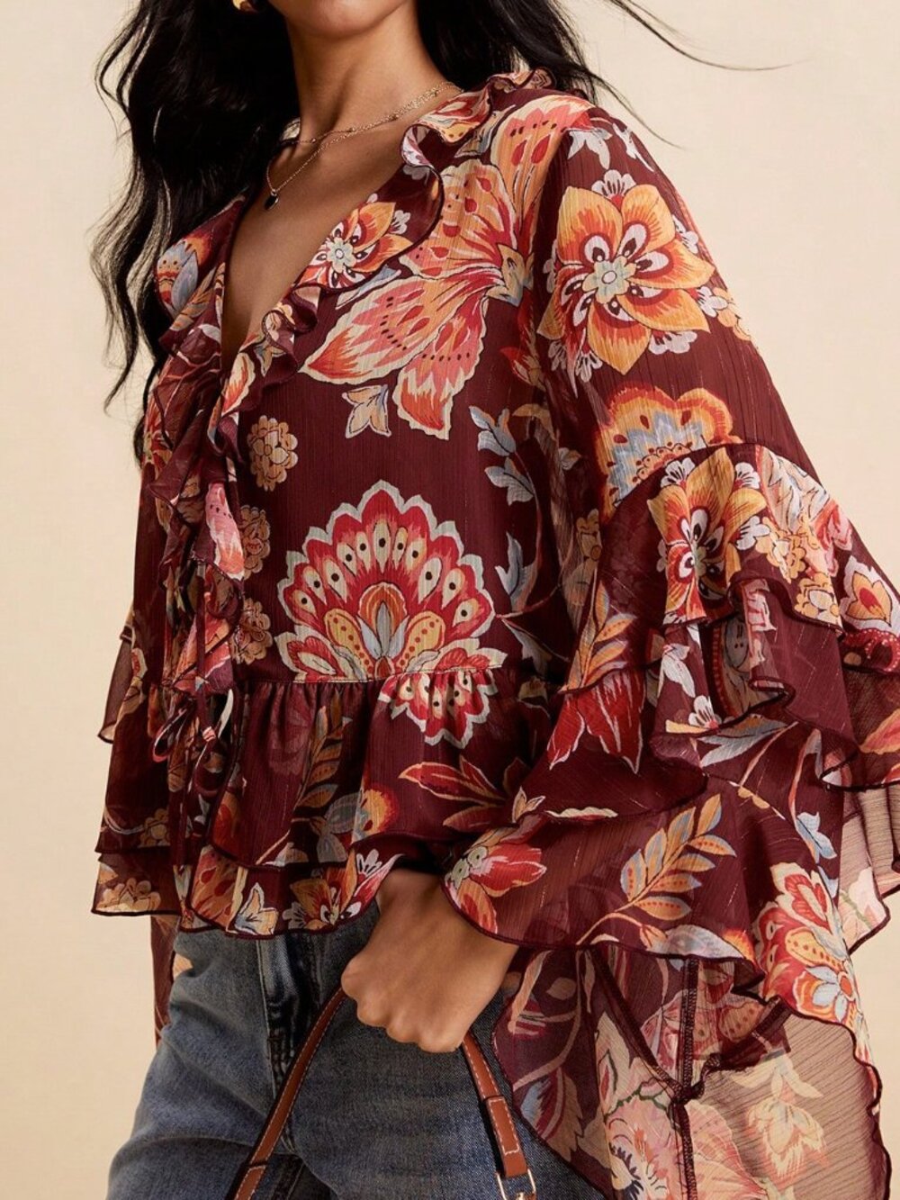 Multicolor Boho Women's V-Neck Long Sleeve Blouse with Ruffle Asymmetrical Hem - Picture 5 of 9
